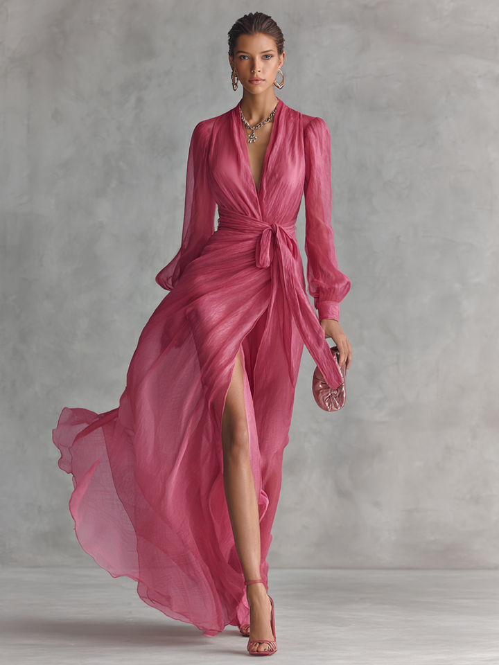 Rózsaszín V-Kivágású Chiffon Ruha