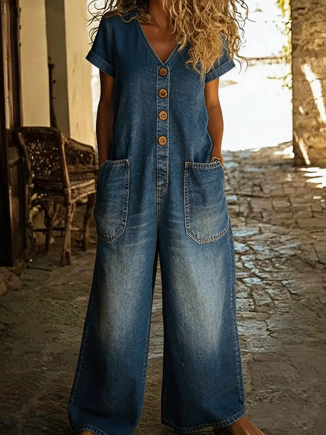 Denise | Farmer Overall V-Kivágással és Rövid Ujjakkal