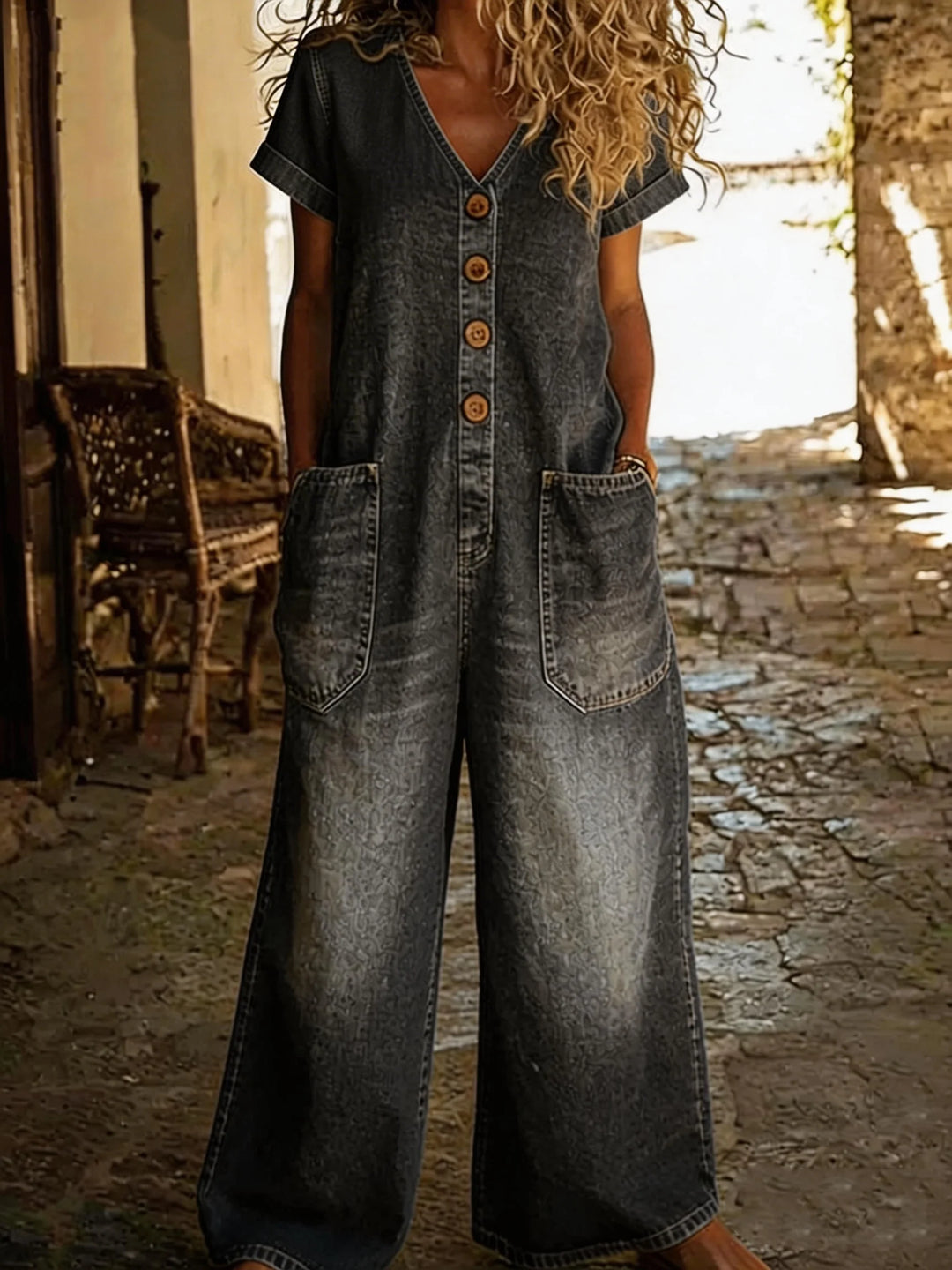Denise | Farmer Overall V-Kivágással és Rövid Ujjakkal